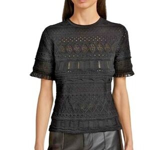 Milly Blouse Size Small Black Smocked Pointelle Short Knit Lace Ruffle Sleeve